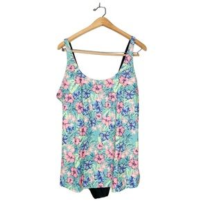 Beach Party Colorful Tropical‎ Floral Print Modest One Piece Swimsuit Plus 20